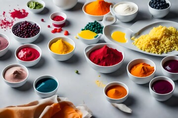 Obraz na płótnie Canvas Different food coloring on light grey table
