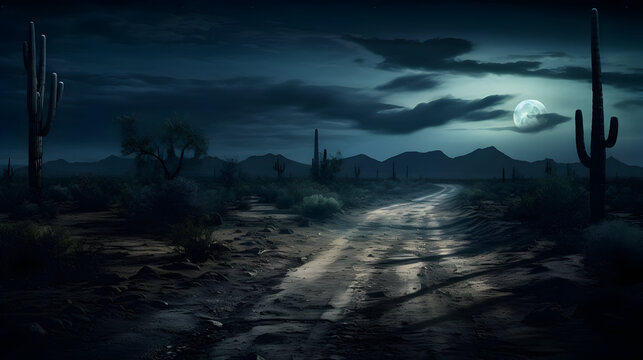 night , moon on spooky land with road