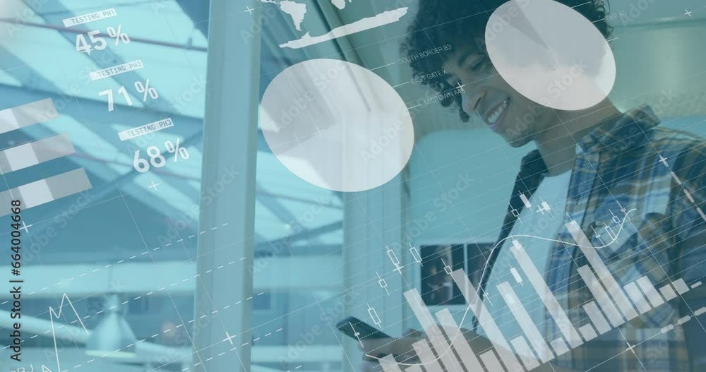 Poster animation of statistical data processing over biracial man smiling while using smartphone at office
