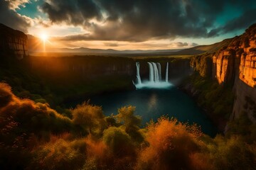 The picturesque sunset over landscapes and waterfalls