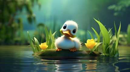 Cute scene of a little duck in nature, illustration in 3d cartoon style. Created with Generative Ai technology.