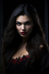 Fototapeta premium High Fashion Model Girl Portrait with Trendy gothic make-up, Black Hair style, Make up, dark accessories. Halloween Vampire Woman portrait with black smoky eyes, feathers dress, over black background