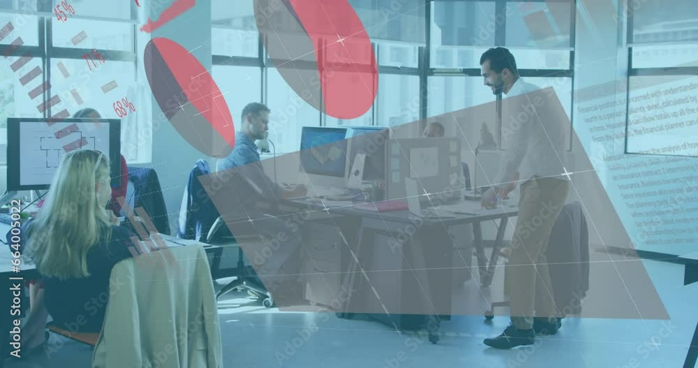 Poster animation of statistical data processing against two diverse men high fiving each other at office