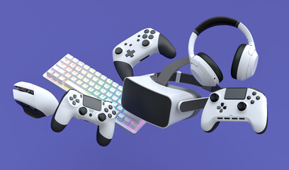 Top view gamer gears like joystick, keyboard, headphones and VR glasses © Vasyl Onyskiv