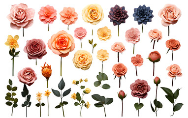 Wild Rose Flowers Transparent PNG, Collection of Wild Rose Flowers, Flowers, Buds, Leaves, Various Stages of Bloom, Vibrant Color, , Isolated Over a Transparent White Background, Transparent PNG