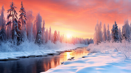 A picturesque winter forest basking in a vivid sunrise creates a magical Christmas scene.