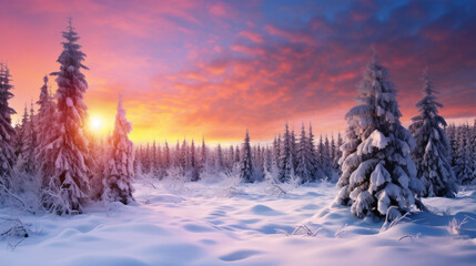 A hued dawn illuminates a festive, snow-blanketed woodland.