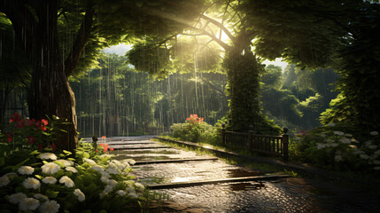 Enjoy the refreshing downpour of rain during the sunny spring or summer. - obrazy, fototapety, plakaty
