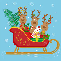 Fototapeta premium Christmas card design with Christmas sledge and 3 reindeers with gift boxes inside. Cute Holiday brochure on blue background. Stock vector illustration