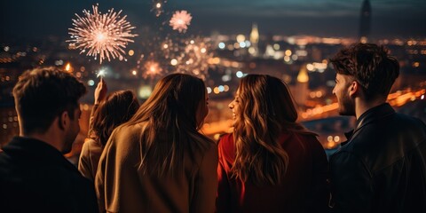 Group of young people watching fireworks over the city - obrazy, fototapety, plakaty