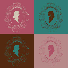 Vintage illustration of ornate wall mirror frame with profile of female girl child, on 4 color squares with retro color palette of teal, pink, brown.