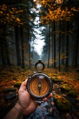 a hand holding a compass pointing the way to the north in a forest