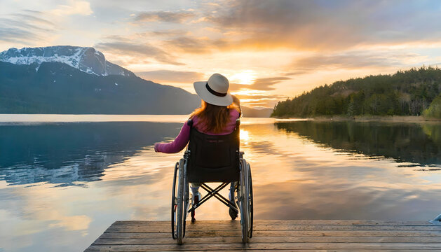 Woman in a wheelchair on a dock by a lake watching the sunset