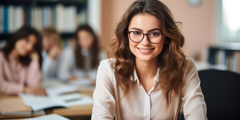 Portrait of young businesswoman in eyeglasses looking at camera and smiling while sitting at desk in office