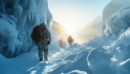 Hikers with backpacks and snowshoes walk along snowy trail. - obrazy, fototapety, plakaty