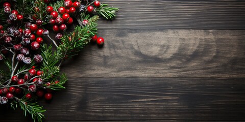 Fototapeta na wymiar Christmas decoration on wooden background with copy space. Top view, flat lay