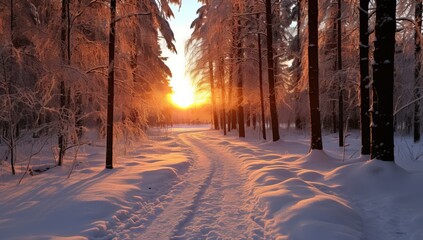 Sunset in the winter forest. Beautiful winter landscape with snowy trees.