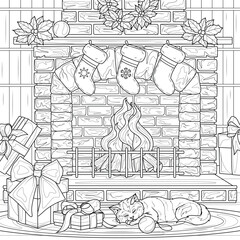Christmas fireplace.Coloring book antistress for children and adults.