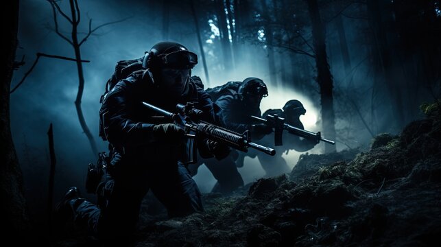 Special forces soldier with assault rifle in dark forest.