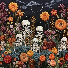 Halloween and Day of the Dead illustration, with a family of skeletons surrounded by orange flowers