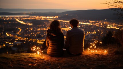 Couple in love sitting on top of the mountain and looking at the city