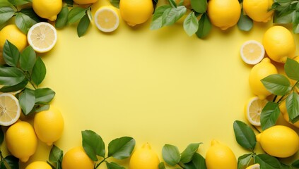 Frame made of lemons with leaves on yellow background, top view