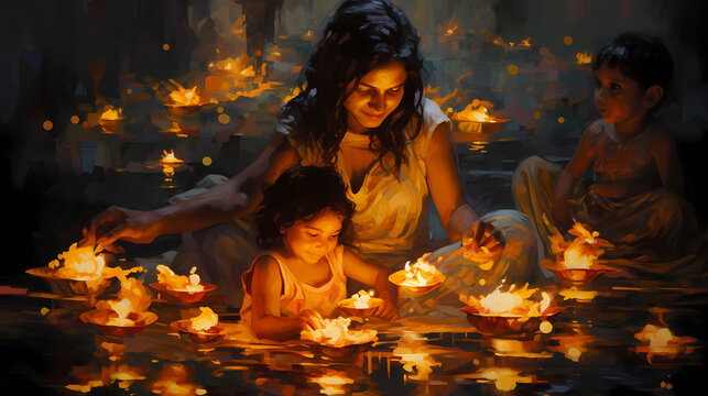 Diwali mother and children with candles