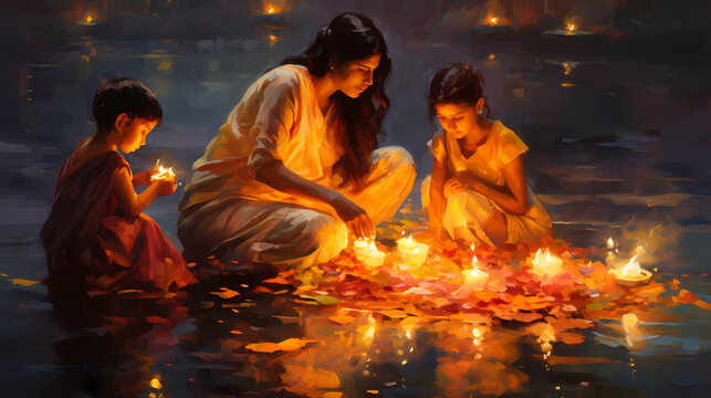 Diwali mother and children with candles