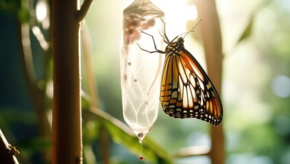 Butterfly hanging on the tree in the morning light.