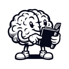 brain character holding a book funny sketch, logo