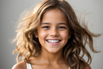 Fototapeta premium a cute beautiful young girl kid smiling with clean teeth. used for a dental ad. teen with fresh stylish long hair. isolated on white background.