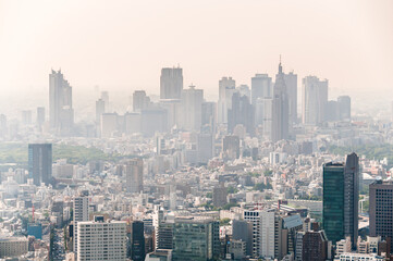 Fototapeta na wymiar View from sky of Shinjuku buildings & skyscrapers, business district, in smog fog, Tokyo, Japan