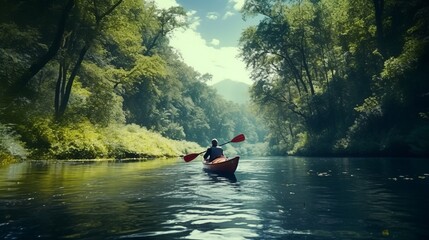 A kayaker peacefully paddling through a serene river surrounded by nature.