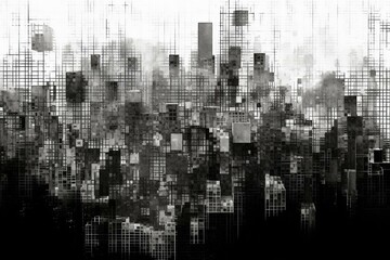 City disintegration in a black grid pattern. Generative AI
