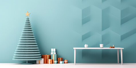 Minimalistic creative  Christmas pastel background for displaying Christmas gifts, with empty space for text