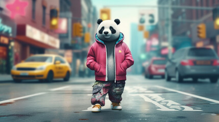 Panda Walking on a sidewalk in costume,  in the style of hip hop aesthetics