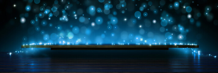 Abstract banner background with golden stars, particles and sparks on a dark blue background. Christmas shining light with beautiful bokeh on dark blue. The background of the New Year in 2024