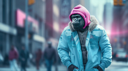 Gorilla Walking on a sidewalk in costume,  in the style of hip hop aesthetics - obrazy, fototapety, plakaty