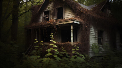 An eerie, forsaken abode shrouded in creepers, conjuring up memories of nostalgia and ghostliness.