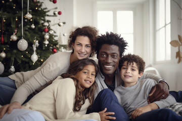 A young and diverse family gathers in the living room, sharing joyful and fun moments with the...