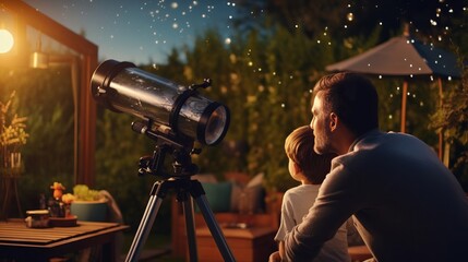 A Parent and Child Stargazing Together with a Telescope - obrazy, fototapety, plakaty