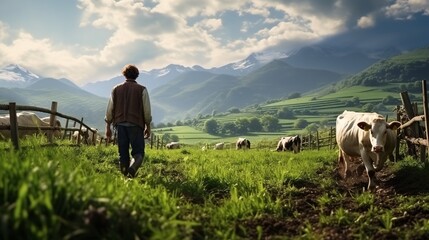 A cattle farmer raises and feeds their livestock sustainably in the countryside on a grassy field.