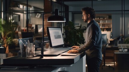 A photo of an employee working at a standing desk in a modern office - obrazy, fototapety, plakaty