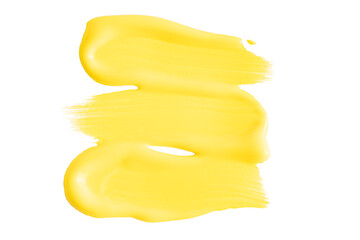 Yellow cosmetic liquid isolated on white background. Yellow creamy swatch, macro. Cosmetic beauty product sample. Beautiful textured golden yellow stroke. Yellow paint smear