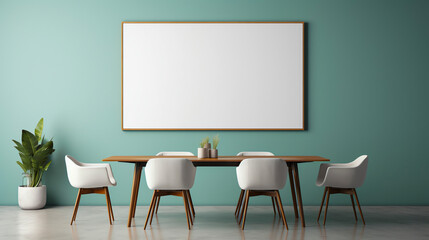 Quartz Top Table, Sling Chairs on Polished Concrete Floor, Mock Up Poster on Muted Teal Wall. Chic Modern-Minimalist Dining Room.