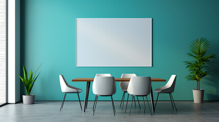 Rectangular Glass Table, Bent Metal Chairs on Concrete Floor, Mock Up Poster on Cyan Wall. Contemporary Modern-Minimalist Dining Room.