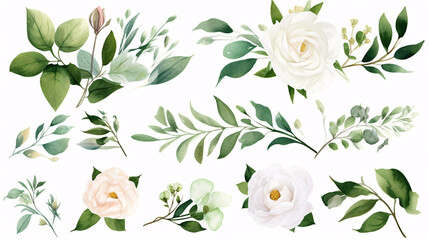 A collection of individual white blossom & verdant leaf components, presented in a watercolour flower illustration.