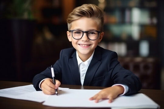 Cute little businessman is signing a contract. a boy in a business suit sits at the table. school and lessons.