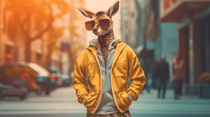 Kangaroo Walking on a sidewalk in costume,  in the style of hip hop aesthetics