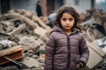 Orphaned children. poor child in a destroyed and abandoned building. girl in dirty clothes after an earthquake or war. - obrazy, fototapety, plakaty